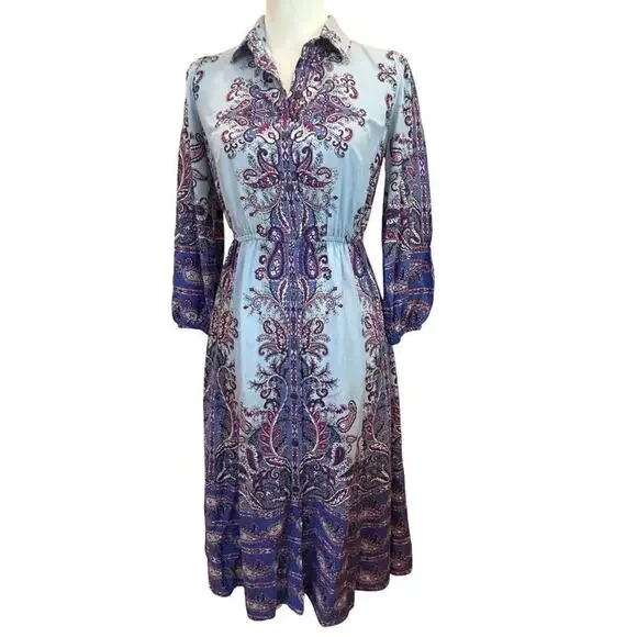 Loft Paisley Midi Shirt Dress - Blue & Purple - Petite XS - Picture 2 of 10